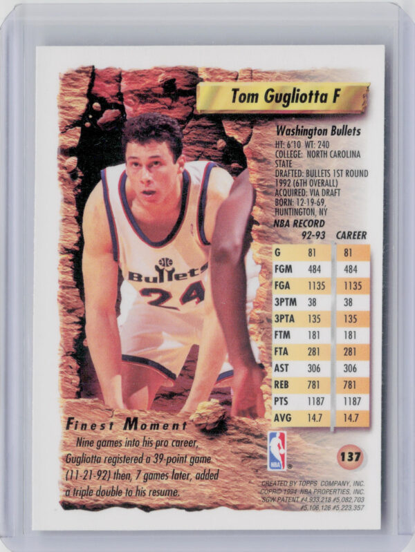 1993-94 Finest Tom Gugliotta Refractors #137 Bullets - Image 3