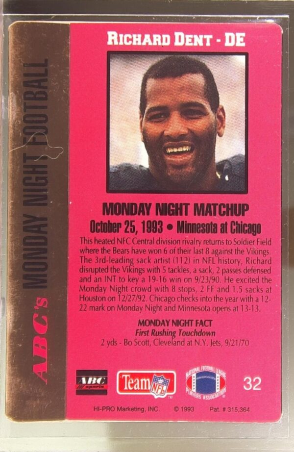 1993 Action Packed Monday Night Football Richard Dent #32 Bears - Image 3