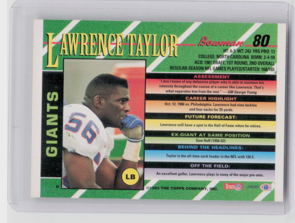 1993 Bowman Lawrence Taylor #80 Giants - Image 3