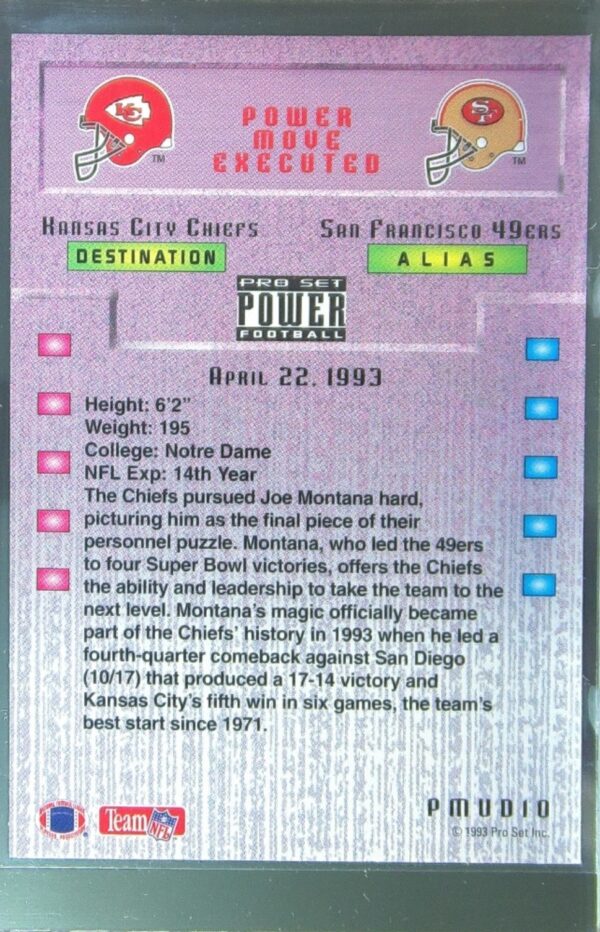 1993 Pro Set Power Update Joe Montana #PMUD10 Chiefs Power Moves - Image 3