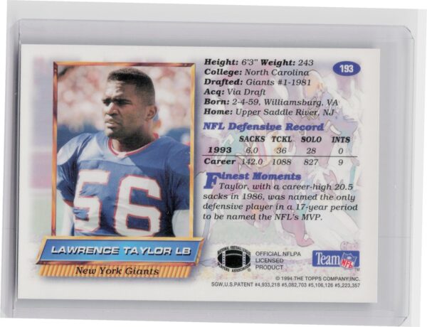 1994 Finest Lawrence Taylor #193 Giants - Image 3