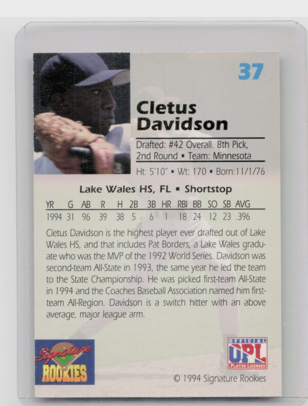 1994 Signature Rookies Draft Picks Cletus Davidson AU SN7750 #37 Twins Signature - Image 3