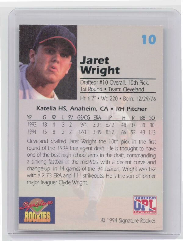 1994 Signature Rookies Draft Picks Jaret Wright AU SN7750 #10 Indians Signatures - Image 3