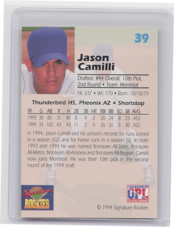 1994 Signature Rookies Draft Picks Jason Camilli AU SN7750 #39 Expos Signatures - Image 3
