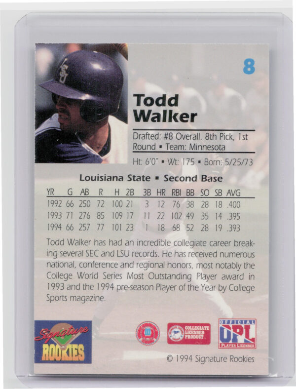 1994 Signature Rookies Draft Picks Todd Walker AU SN7750 #8 Twins Signatures - Image 3