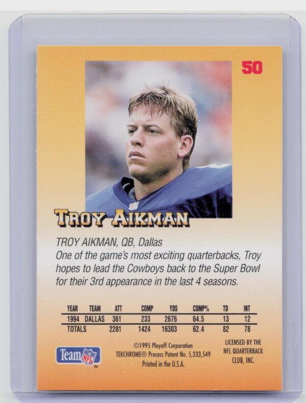 1995 Playoff Prime Troy Aikman #50 Cowboys - Image 3