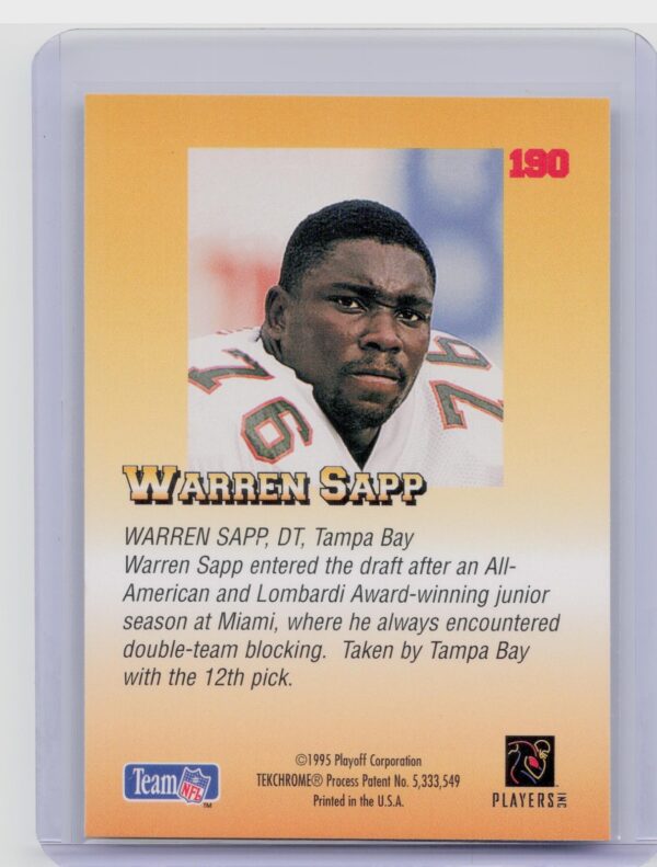 1995 Playoff Prime Warren Sapp RC #190 Buccaneers - Image 3