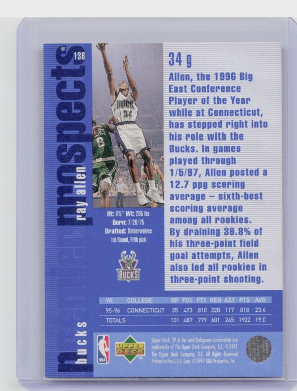 1996-97 SP Ray Allen RC #136 Bucks - Image 3