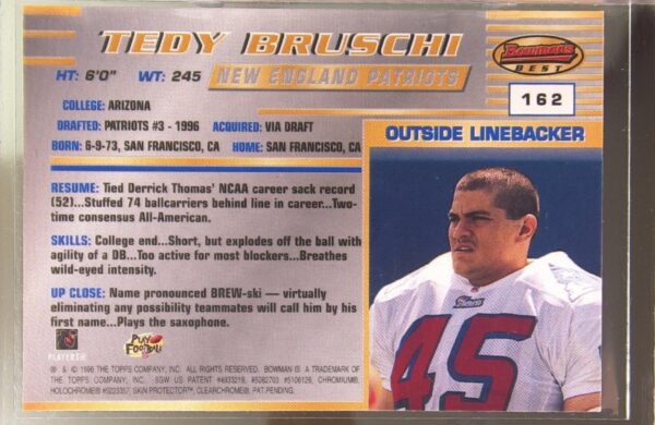1996 Bowman's Best Tedy Bruschi RC #162 Patriots - Image 3