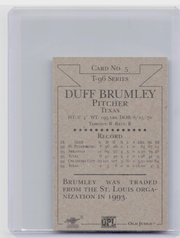 1996 Signature Rookies Old Judge Duff Brumley AU SN6000 #5 89ers Signatures - Image 3