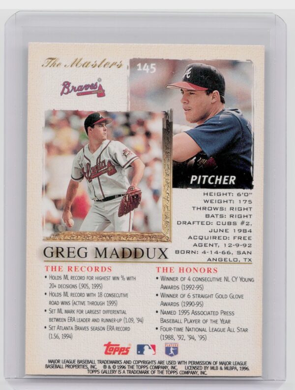 1996 Topps Gallery Greg Maddux #145 Braves - Image 3