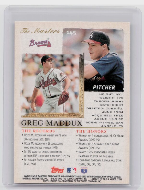 1996 Topps Gallery Greg Maddux #145 Braves - Image 3
