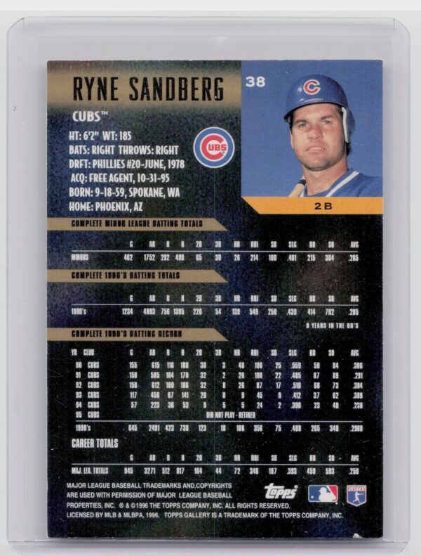 1996 Topps Gallery Ryne Sandberg #38 Cubs - Image 3