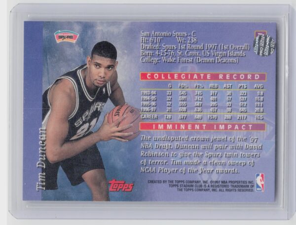 1997-98 Stadium Club Tim Duncan #201 Spurs - Image 3