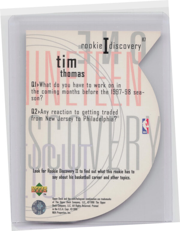 1997-98 Upper Deck Tim Thomas #R7 76ers Rookie Discovery I - Image 3