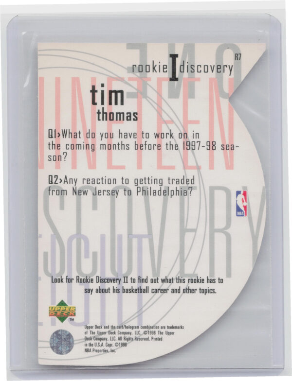 1997-98 Upper Deck Tim Thomas #R7 76ers Rookie Discovery I - Image 3