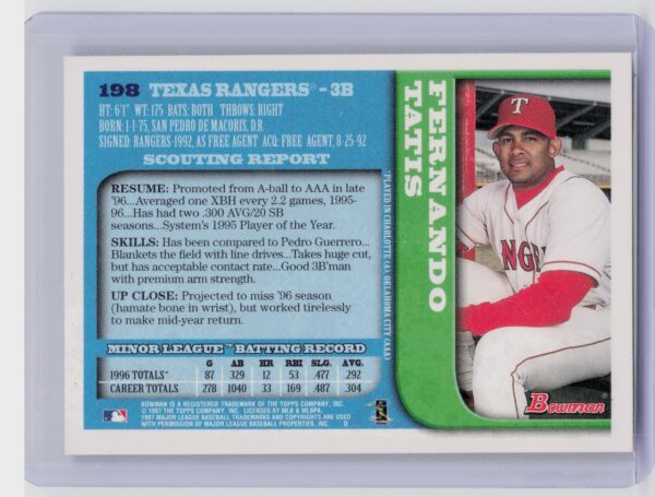 1997 Bowman Fernando Tatis RC #198 Rangers - Image 3