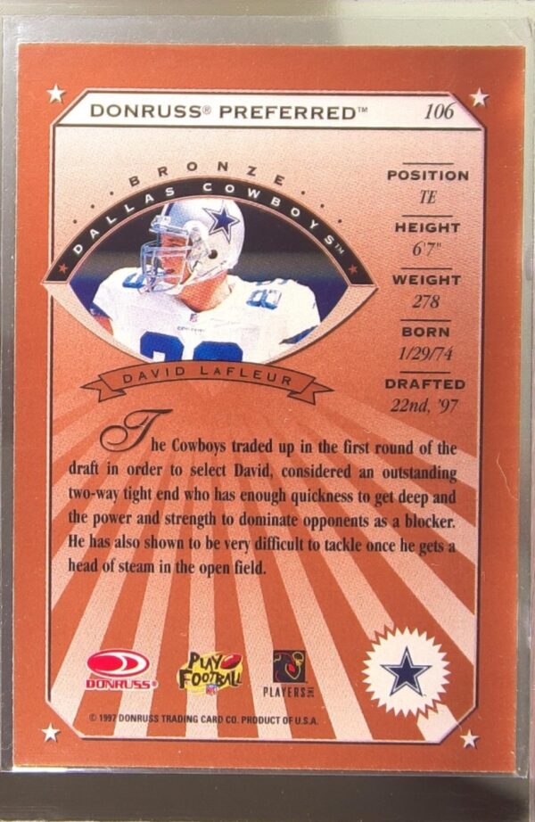 1997 Donruss Preferred David LaFleur RC #106 Cowboys - Image 3