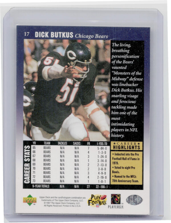 1997 Upper Deck Legends Dick Butkus #17 Bears - Image 3