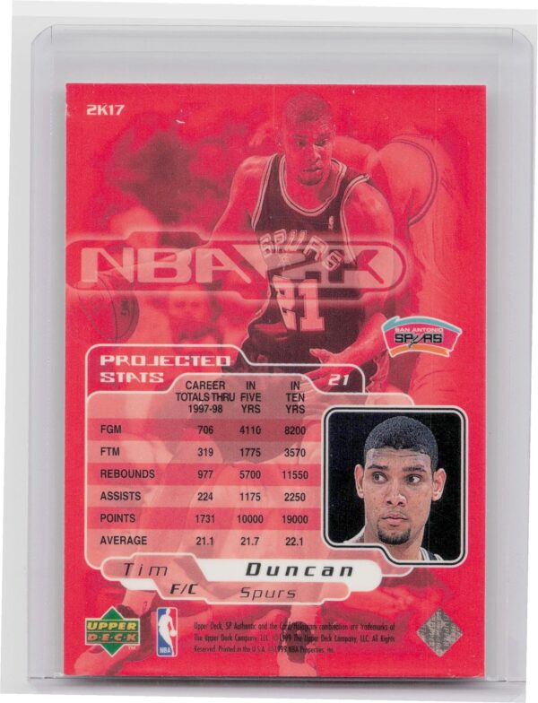 1998-99 SP Authentic Tim Duncan #2K17 Spurs NBA 2K - Image 3