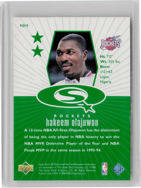 1998-99 UD Choice Hakeem Olajuwon #SQ10 Rockets StarQuest Green - Image 3