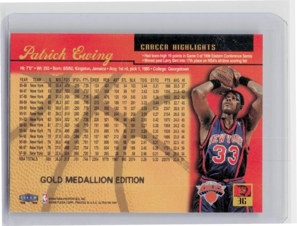 1998-99 Ultra Patrick Ewing Gold Medallion #3G Knicks - Image 3