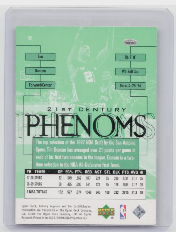 1998-99 Upper Deck Century Legends Tim Duncan #59 Spurs - Image 3