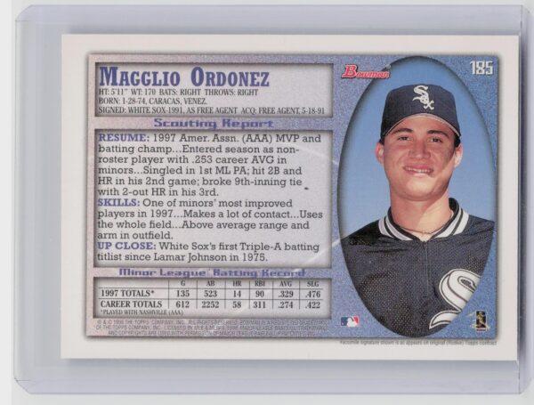 1998 Bowman Magglio Ordonez RC #185 Sox - Image 3