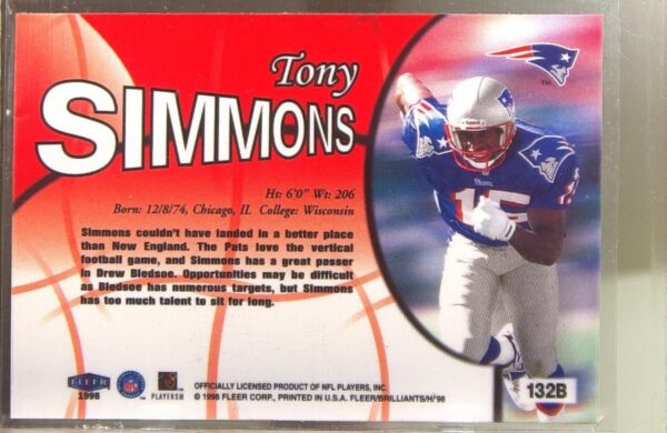 1998 Fleer Brilliants Tony Simmons RC #132 Patriots - Image 3
