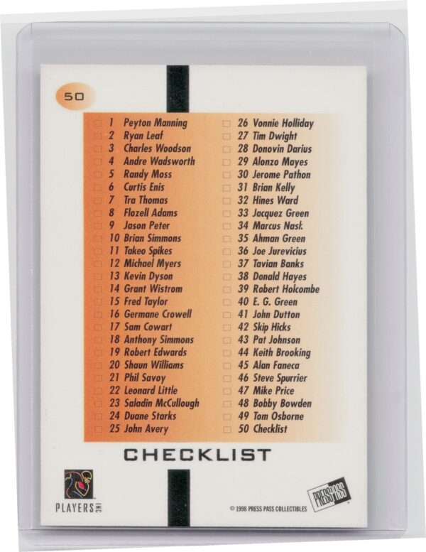 1998 Press Pass Peyton Manning #50 Volunteers - Image 3