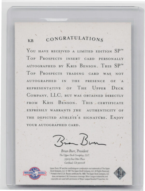 1998 SP Top Prospects Kris Benson AU #KB Mudcats Autographs - Image 3