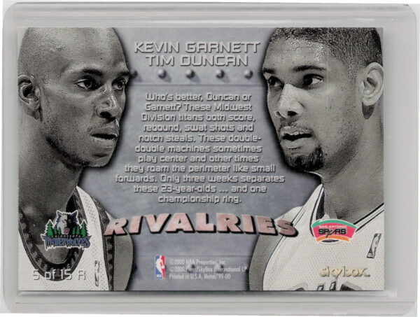 1999-00 Metal Tim Duncan / Kevin Garnett #5 R Timberwolves Rivalries - Image 3