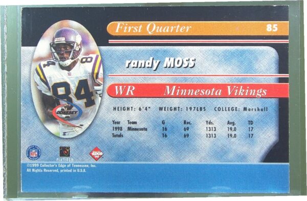 1999 Collector's Edge Odyssey Randy Moss Millennium Collection Red #85 Vikings - Image 3