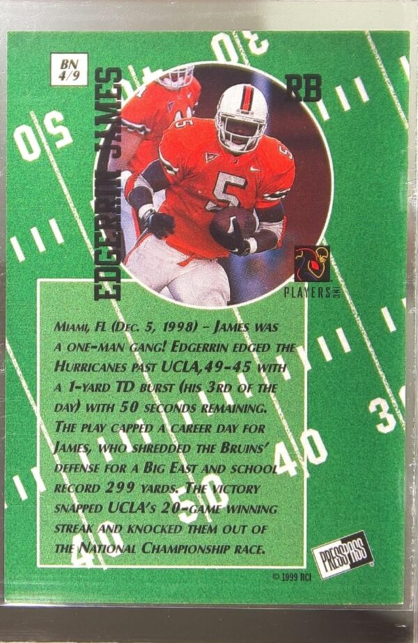 1999 Press Pass Edgerrin James RC #BN4 Hurricanes Big Numbers - Image 3