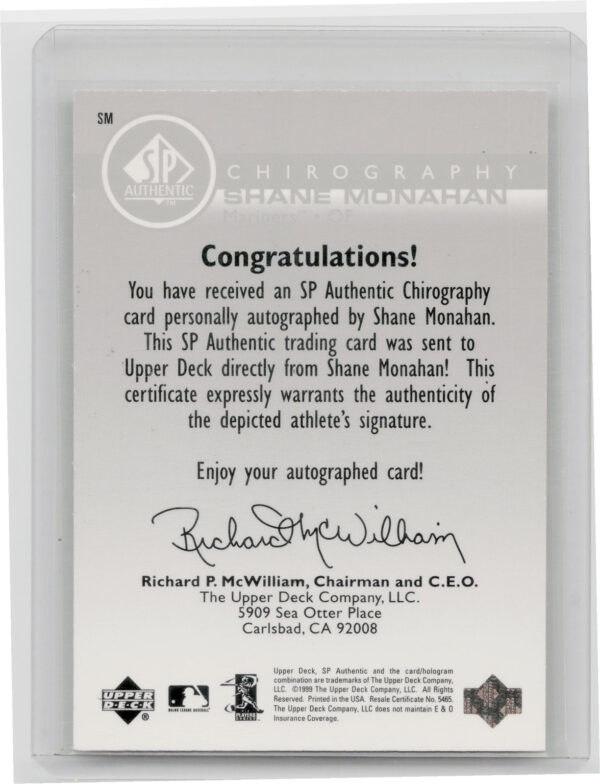 1999 SP Authentic Shane Monahan AU #SM Mariners Chirography - Image 3