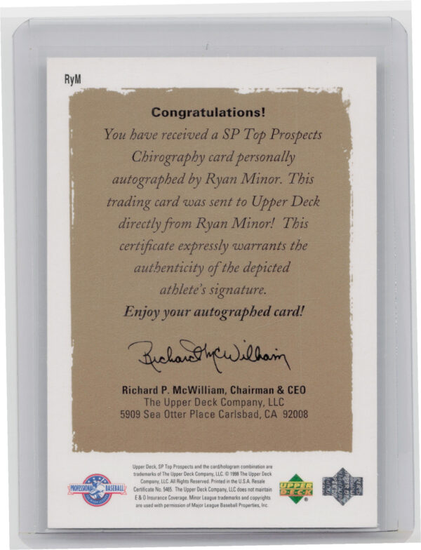 1999 SP Top Prospects Ryan Minor AU #RYM Baysox Chirography - Image 3