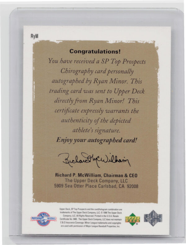 1999 SP Top Prospects Ryan Minor AU #RYM Baysox Chirography - Image 3