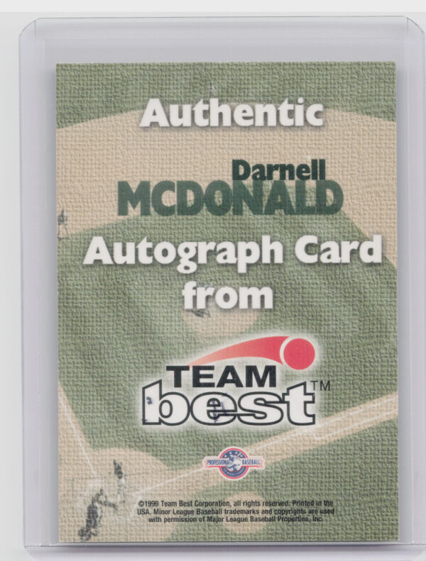 1999 Team Best Rookie Darnell McDonald AU #NNO Shorebirds Autographs - Image 3