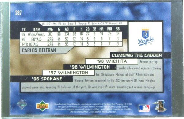 1999 Upper Deck Carlos Beltran RC #287 Royals - Image 3