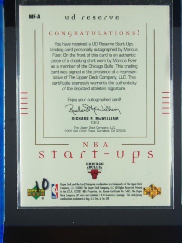 2000-01 UD Reserve Marcus Fizer AU MEM #MF-A Bulls NBA Start Ups Autographs - Image 3