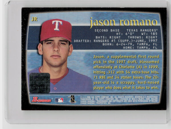 2000 Bowman Jason Romano AU #JR Rangers Autographs - Image 3