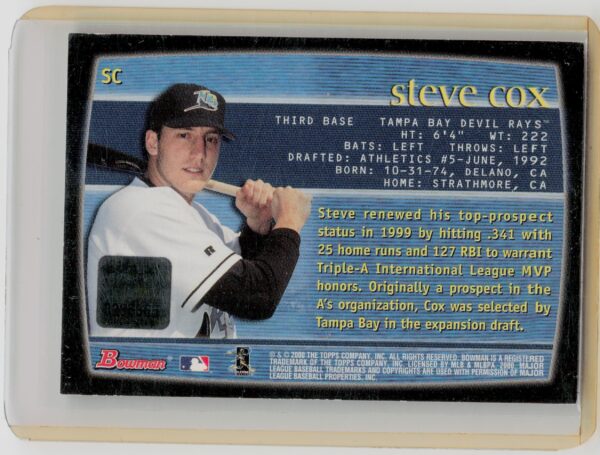 2000 Bowman Steve Cox AU #SC Rays Autographs - Image 3
