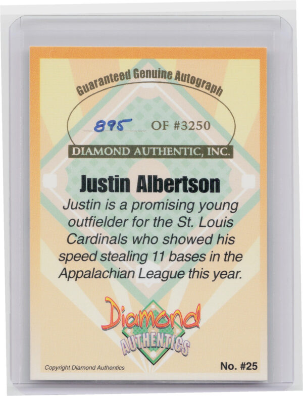 2000 Diamond Authentics Autographs Justin Albertson AU SN3250 #25 Cardinals - Image 3