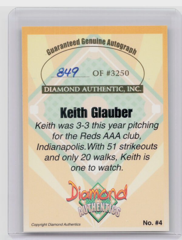 2000 Diamond Authentics Autographs Keith Glauber AU SN3250 #4 Indians - Image 3
