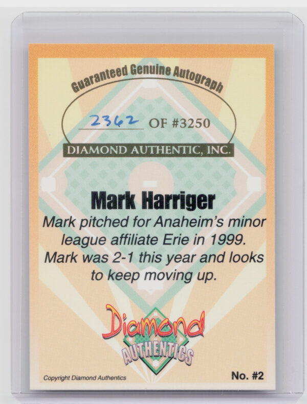 2000 Diamond Authentics Autographs Mark Harriger AU SN3250 #2 SeaWolves - Image 3