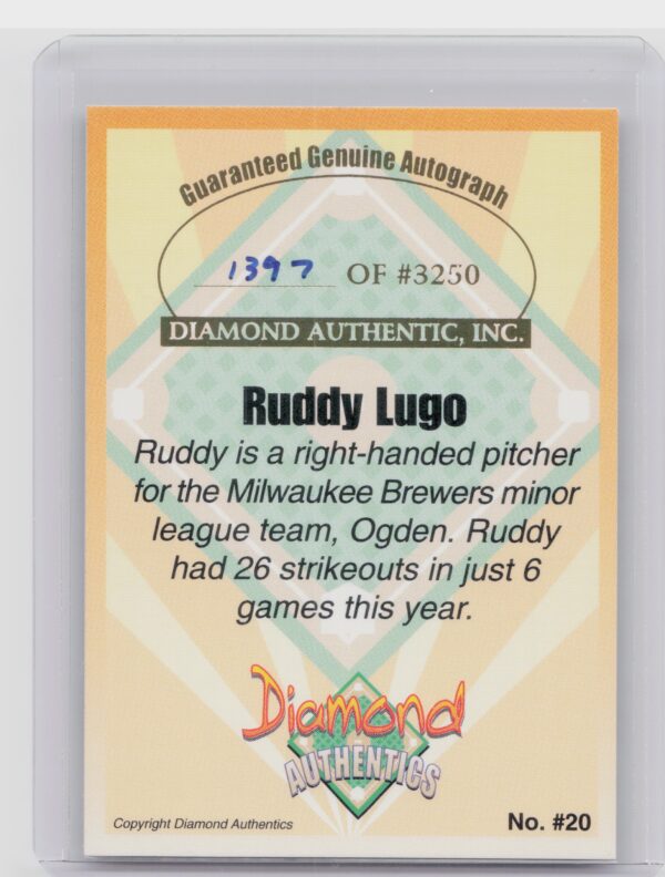 2000 Diamond Authentics Autographs Ruddy Lugo AU SN3250 #20 Raptors - Image 3