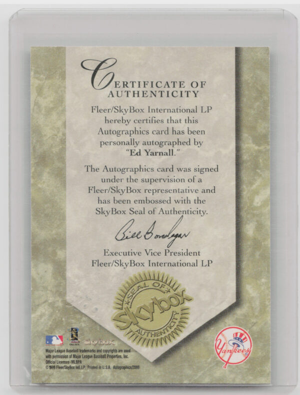 2000 SkyBox Ed Yarnall AU #NNO Yankees Autographics - Image 3