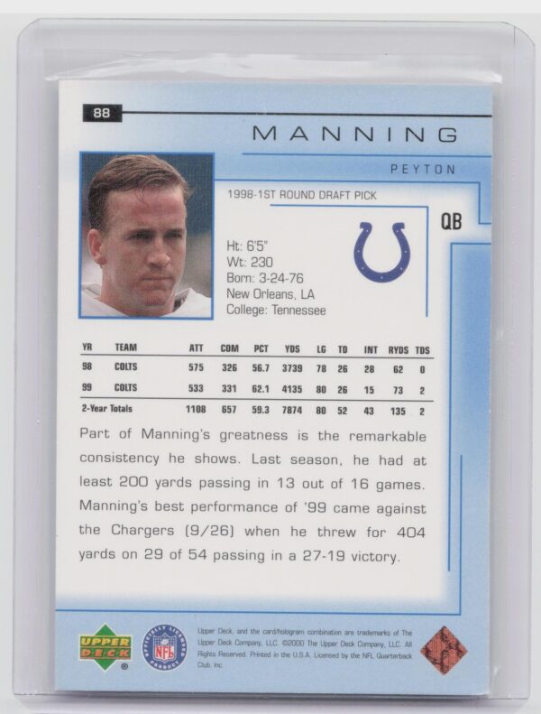 2000 Upper Deck Peyton Manning #88 Colts - Image 3
