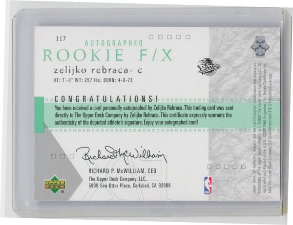 2001-02 SP Authentic Zeljko Rebraca AU RC SN1525 #117 Pistons - Image 3