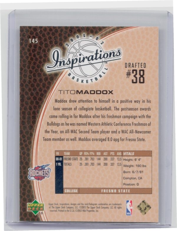2001-02 Upper Deck Inspirations Tito Maddox SN2999 #145 Rockets - Image 3